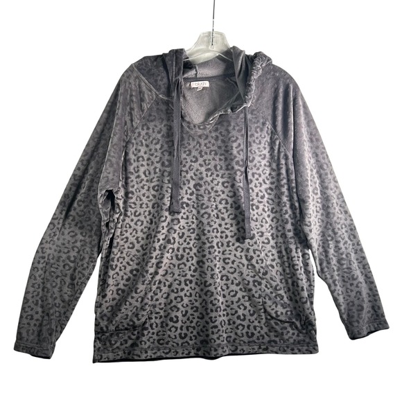 Blush by Us Angels Tops - Blush by Us Angels Leopard Print Velour Hoodie Gray Medium 8 10 V Neck Pockets
